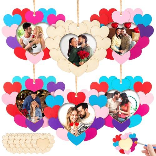 Thyle 12 Pcs Valentines Day Crafts DIY Unfinished Heart Picture Frames Craft Kit Wooden Frames with Hanging Ropes for Valentine's Day Anniversary Wedding Handmade Craft Home Decor