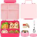 Kids Bento Lunch Box with 8oz Soup Thermo, Kids Leakproof Lunch Food Containers with 4 Compartment,Insulated Hot Food Jar with Lunch Bag for School, Travel (Pink-No lunch bag)
