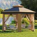 13 x 13FT Pop Up Gazebo, Hexagonal Outdoor Canopy Shelter, Instant Patio Gazebo Tent with Mesh Netting and Strong Steel Frame for Patio Backyard Garden Wedding Party, Khaki+Beige