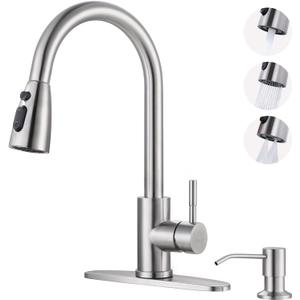 WOWOW Kitchen Faucet with Soap Dispenser: 304 Stainless Steel Kitchen Sink Faucet with Pull Down Sprayer 3 Modes, Single Handle High Arc Mixer Taps for Sink, RV, Laundry, Bar (Brushed Nickel)