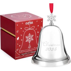 Christmas Bell 2025, Annual Silver Bell Christmas Ornaments for Tree Hanging Decorations, Metal Holiday Bells for Xmas Tree Decor with Ribbon & Gift Box