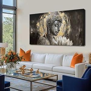 Gold Pictures Wall Art for Bedroom Vintage Poster Lotus Flower Grey with White Buddha Painting Large Wall Decorations for Living Room 29"x 58"