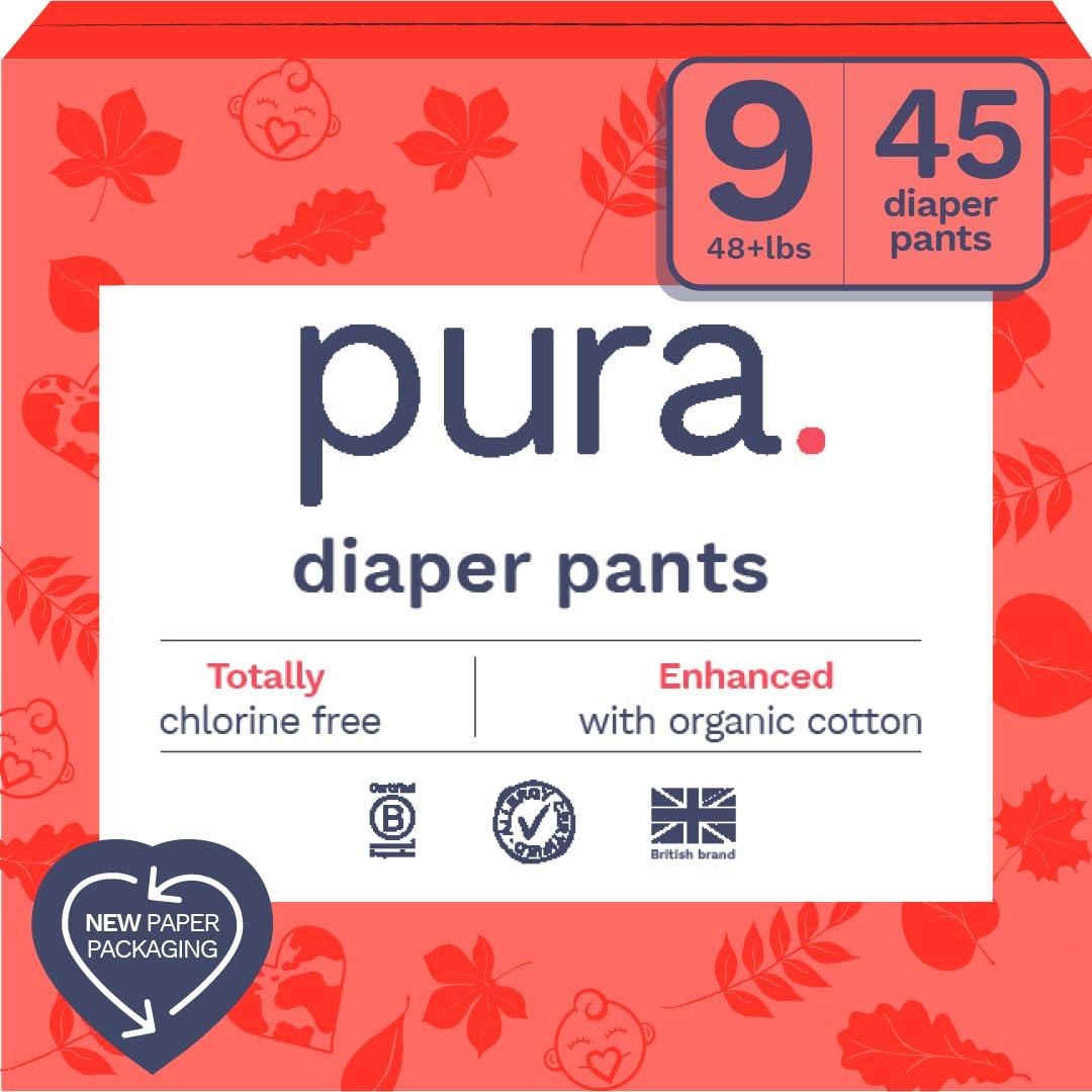 Pura Hypoallergenic Diaper Pants Size 9 (48+ lbs) Overnight, up to 12 Hours Leak Protection, Suitable for Sensitive Skin, Totally Chlorine Free, Soft Organic Cotton, 3 Packs of 15 (45 Pull Up Pants) (Size 9 (45 Diaper Pants))