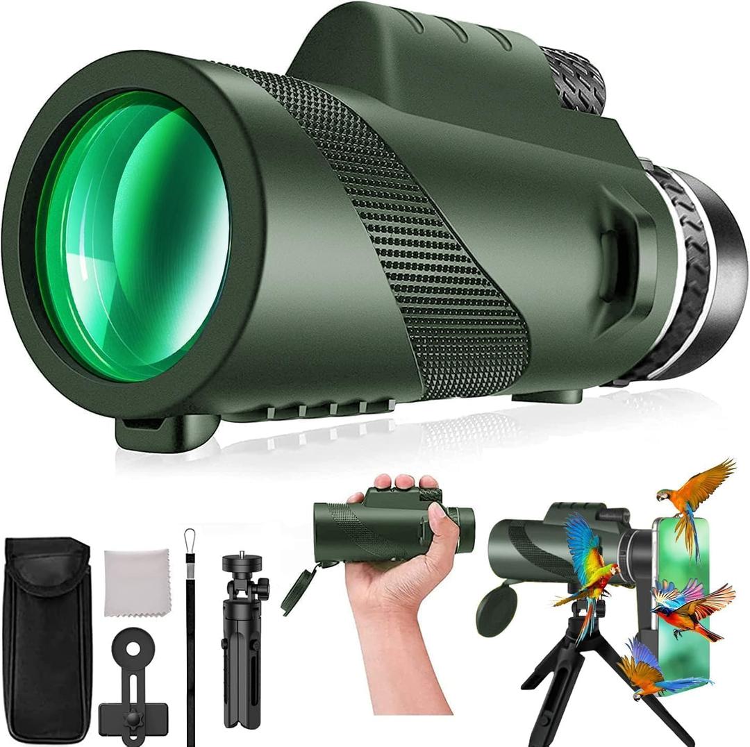 Monocular-Telescope 80x100 High Powered Monoculars High Definition for Adults High Powered with Smartphone Adapter Telescope Hunting Wildlife Bird Watching Travel Camping Hiking-Green