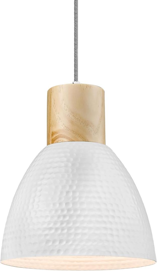 ELYONA Hammered Pendant Lights for Kitchen Island, Solid Wood Hanging Light Fixtures, Industrial Metal Pendant Light Fixtures for Bar, Dining Room, Bedroom, Office, Modern White,Small (White - 1 Pack)