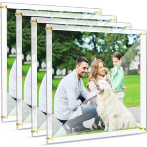Chunful 4 Packs 16 x 20 Inch Floating Acrylic Frame Clear Frameless Picture Frame Wall Mount Double Panel for Photo Artwork Certificates Diplomas Poster Display(Gold Accessories)