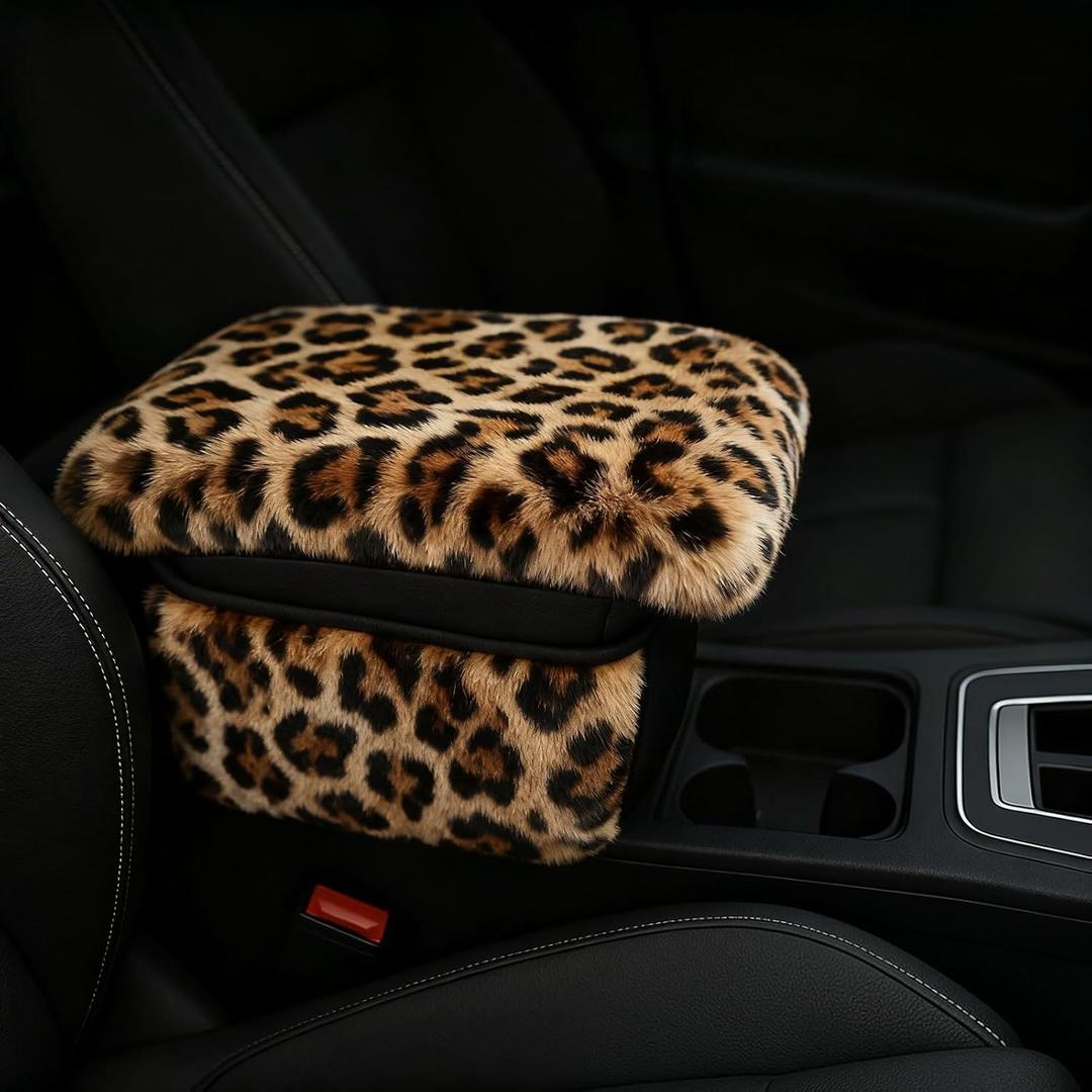 Fluffy Car Armrest Cover with Side Pockets  Plush Fuzzy Fur Center Console Armrest Cushion Pad, Universal Winter Car Interior Protector, Soft Arm Rest Cover with Storage for Women & Men (Leopard)