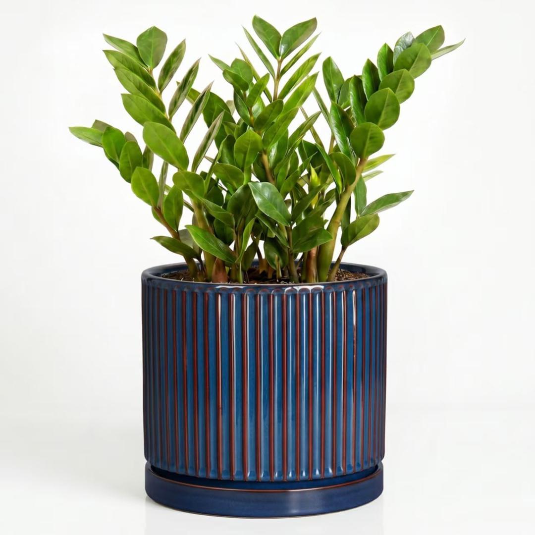 Ceramic Planter, 10 Inch Plant Pots with Saucer, Retro Blue