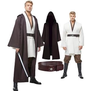 Men's Tunic Cosplay Costume Adults Outfits Halloween Robe Hooded Uniform Full Set (Medium, White)