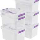 Sandmovie 6 Quart Clear Latching Box with Lid and Handles, Clear Plastic Storage Tote, 6 Packs (Clear, Bright Purple (6 Qt))