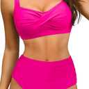 Amy Babe Women's Twist Front Modest Large Bust Swimsuit Padded High Waisted Ruched Bikini Set Two Piece Bathing Suit Rose Red, US Small