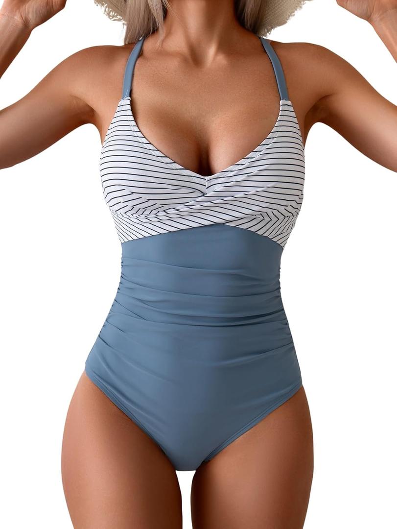 B2prity Women's One Piece Swimsuits Tummy Control Front Cross Bathing Suits Tie Back Slimming V Neck Swimwear (X-Large, Grey Blue Stripe)