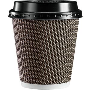 GUSTO [10 oz. - 50 Sets Insulated Brown Patterned Ripple Paper Hot Coffee Cups With Lids (Lids Color May Vary) - Ideal for Hot Beverages, Travel, and Office Use - (Formerly Comfy Package)