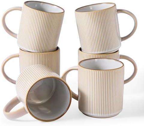 famiware Coffee Mug Set for 6, Star 16 oz Catering Mugs Cup Set with Handle for Coffee, Tea, Cocoa, Milk - Ceramic Stoneware Drinkware Set, Cappuccino White