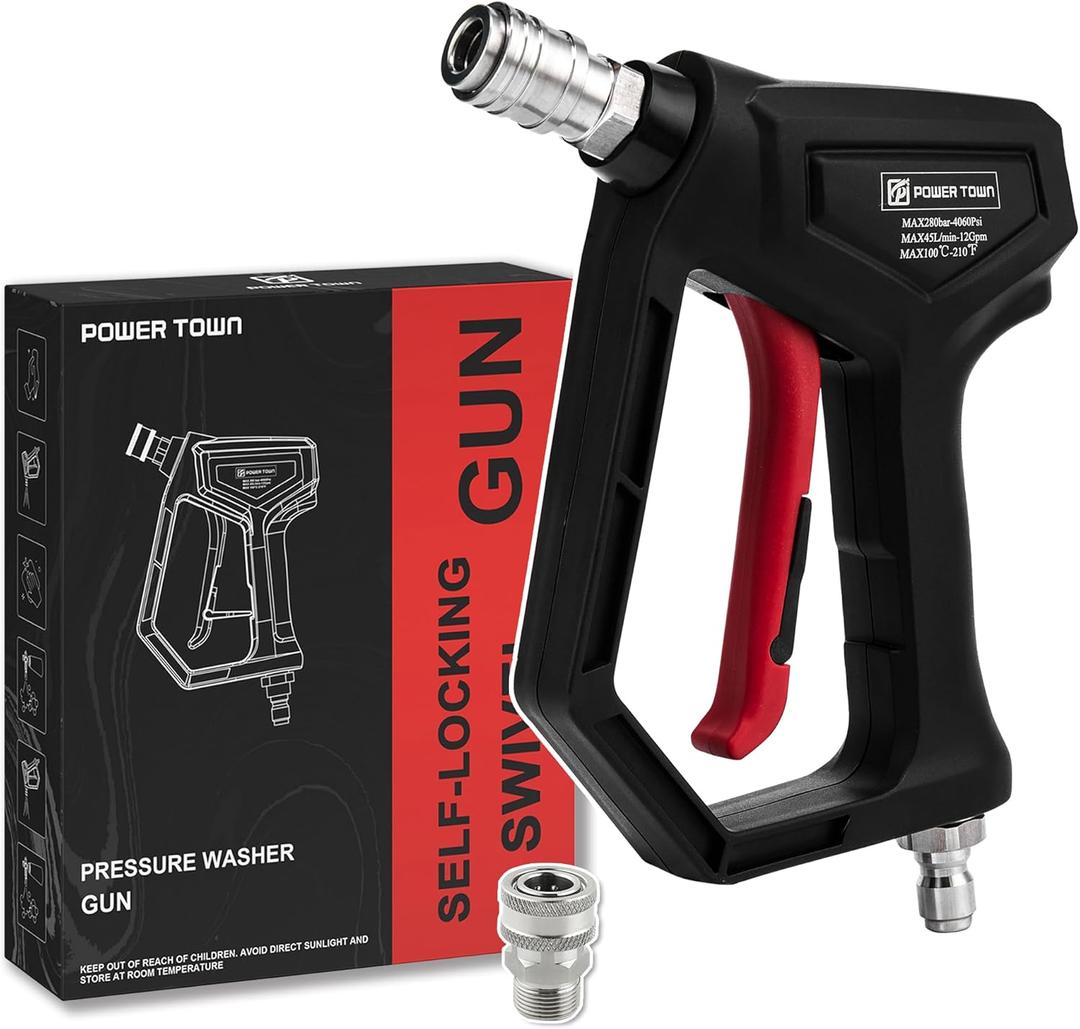 Short Pressure Washer Gun with Swivel, 1/4" Automatic Quick Connector Power Washer Handle with 3/8" Swivel Male Plug Coupler, Addition M22-14mm Adapter