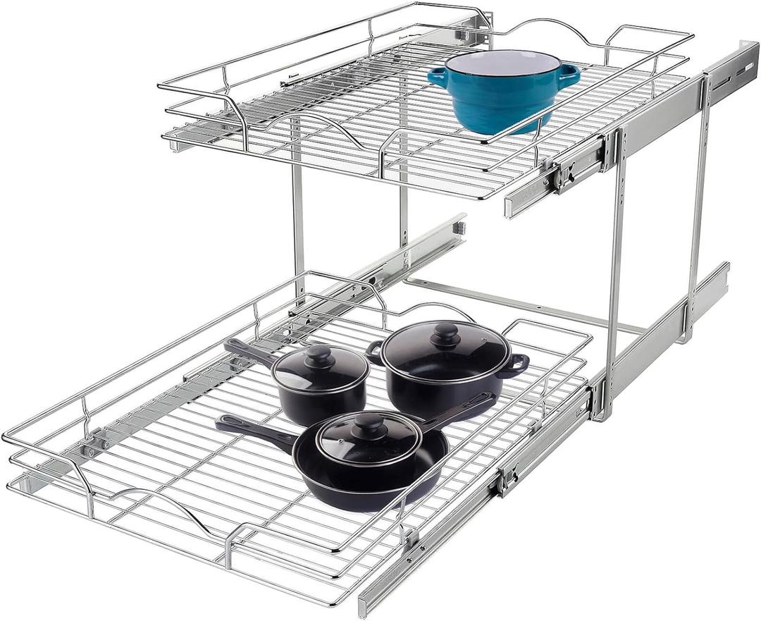 OCG 2 Tier Pull Out Cabinet Organizer (17" W x 18" D), Pull Out Drawers for Kitchen Cabinets, Pull Out Shelves for Base Cabinet Organization in Kitchen Bathroom Pantry, Chrome Finish