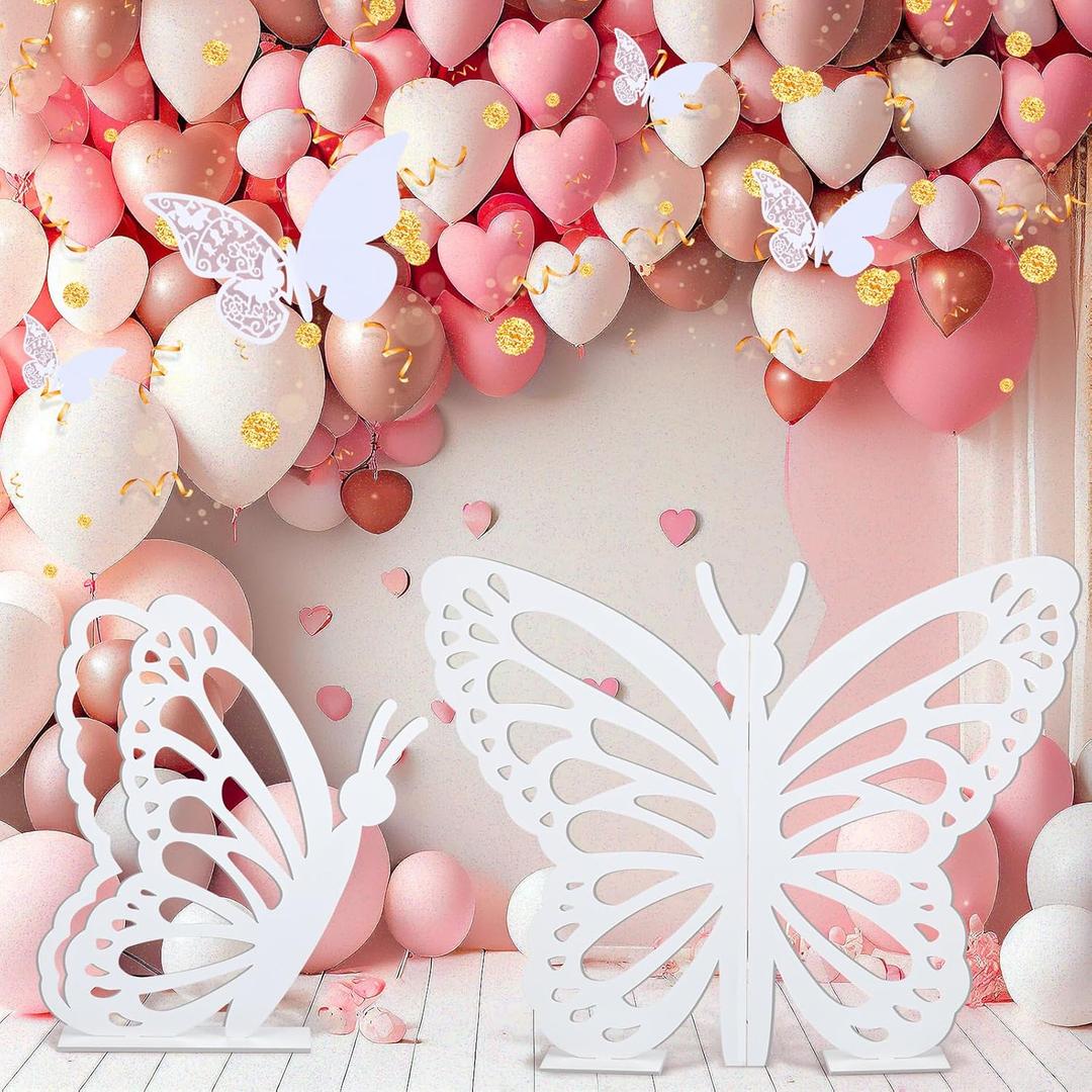 Yousoontic 2 Pcs Large Wooden Butterfly Props - 20" and 17.5" Standing Wings Cutout Backdrop Decoration for Birthday, Baby Shower, Wedding Party(White)