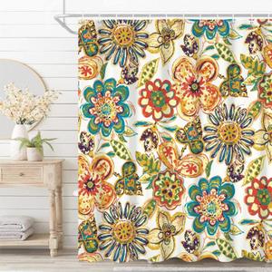 Boho Floral Bathroom Shower Curtain - Retro Funky Bohemian Flower Colorful Waterproof Durable Fabric Artistic Home Decor Shower Curtain with Hooks, 72x72 Inch
