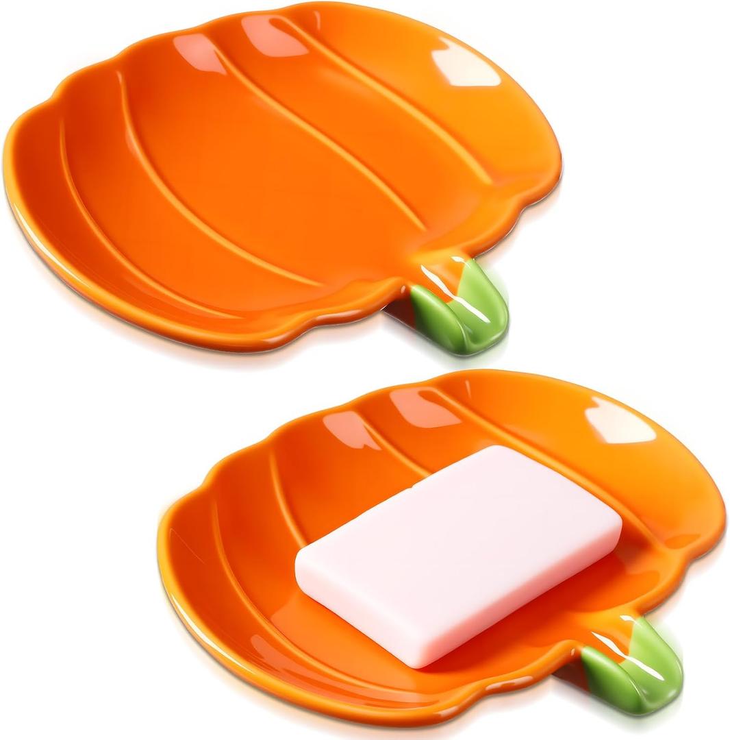 Reallnaive 2 Pcs Ceramic Pumpkin Soap Dishes Cute Elegant Shower Soap Dish Holder Fall Spoon Rest Bathroom and Kitchen Decorative Accessories
