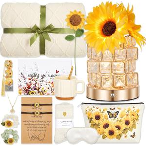 15 Pcs Sunflower Gift Basket for Mother's Day Mom Women,Care Package with Rechargeable Lamp & Blanket, Sunflower Gifts for Mom, Birthday Gifts for Women, Thinking of You Get Well Gift Set