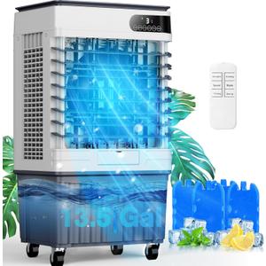 Swamp Cooler Air Conditioners, 4-IN-1 Portable Evaporative Cooler Cools Up to 1000 Sq.Ft, Large 13.5Gal Tank for 24/7 Cooling, Low Noise Cooling Fan with Remote Control Fits for Large Rooms
