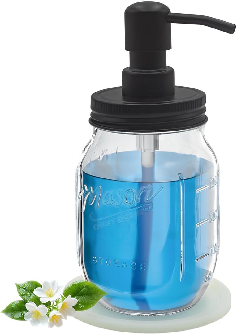 Mason Jar Soap Dispensers with Rustproof Stainless Steel Lid and Pump, Perfect for Bathroom or Kitchen - no Liquid (Black 1 PC)
