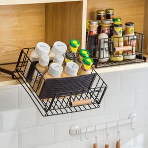 Baffect Pull Down Cabinet Organizer 2PCS, 20 Sloping Drop Down Spice Rack with 2 Adjustable Dividers, Heavy Duty Sliding Out Storage Basket for Pantry/Cupboard/Upper Cabinet (Metal, Black)