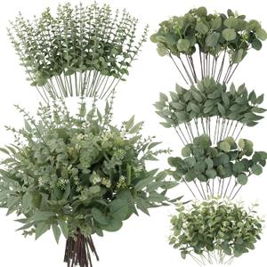 Lovemoon 130 Pcs Artificial Mixed Eucalyptus Stems Bulk, 5 Kinds of Faux Greenery Eucalyptus Leaves Bulk for Vase Wedding DIY Bouquets Floral Arrangement Home Decor (130, Green)