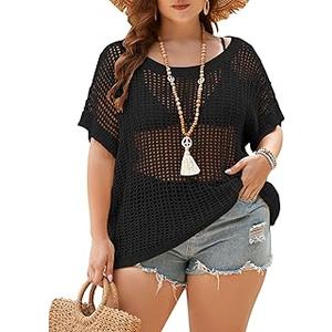 Alsol Lamesa Women's Plus Size Crochet Tops Short Sleeve Hollow Out Loose Scoop Neck Beach Crochet Cover Up 1X-5X Size 2XL Black