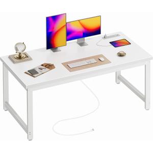 Huuger 55 x 24 inch Desk with Power Outlets & USB-C, Deeper & Thicker Desktop, Robust Metal Tubes, Computer Desk, Heavy Duty Office Desk, Work Gaming Desk for Home Office, White