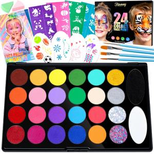Face Painting Kit for Kids, Non-Toxic and Hypoallergenic Face Paint Makeup Kit| with Stencils, Book, Easy to Use and Safe for Kids, Fun for Halloween, Birthday Party, School Event (24 Colors+2 Glitter(80pc accessories))