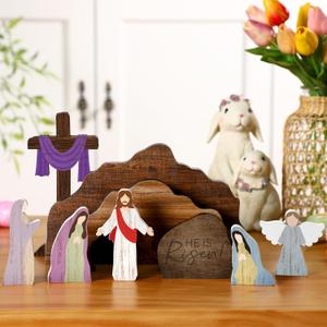 9 Pcs Empty Tomb Easter Scene and Christian Cross Decoration Wooden Easter Nativity Scene Set Cross Jesus Tomb Tray Set for Religious Home Office Tabletop Christian Gifts(Colorful)