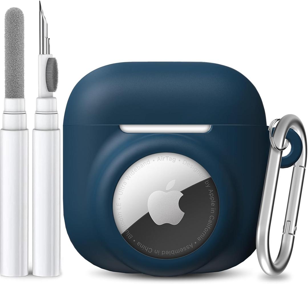 2 in 1 Silicone Case Compatible with AirPod 4 and AirTag 2/1, Shockproof Protective Skin Cover for AirPods 4th Generation with Cleaner Kit & Carabiner (Dark Blue)