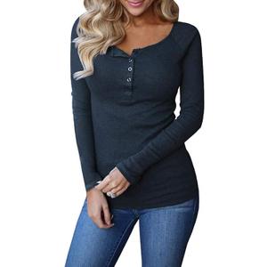 Remikstyt Womens Long Sleeve Henley Shirts Ribbed Button Down Casual Tunic Tops (Large, Navy)