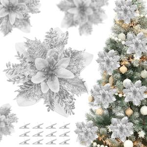 36 Pcs Glitter Poinsettia Flowers Artificial Ornaments Fake Flowers Christmas Decorations Glitzy Poinsettia with Clips Christmas Decor for Xmas Tree Wreaths Ornaments (Silver)