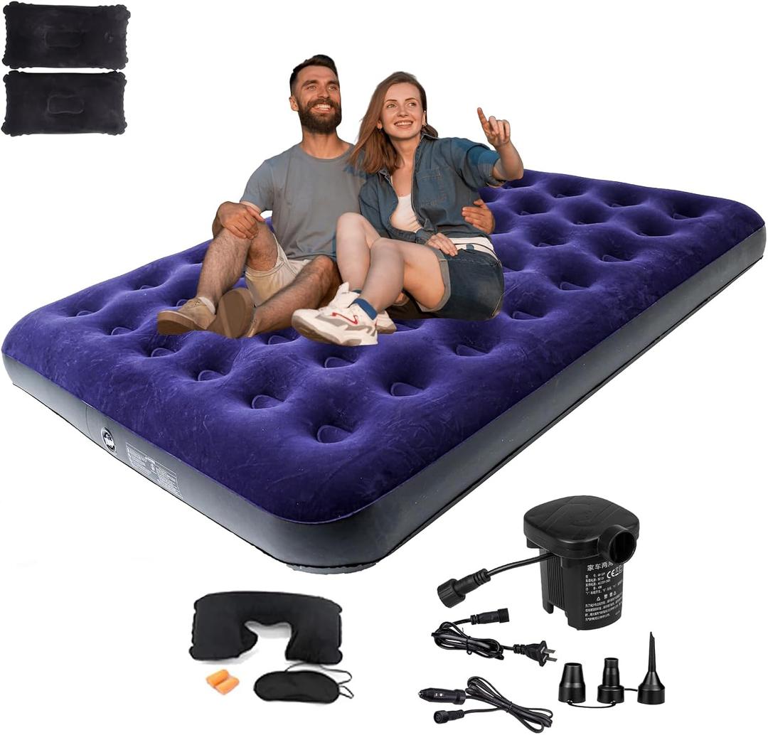 Queen Size Double Camping Air Mattress Bed with Air Pump,Inflatable Mattress,80"x 60"Thickened Portable Blow Up Air Mattress,Travel Sleeping Bed Pad for Camping Home Hiking