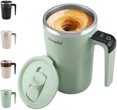 Mongdio Self Stirring Coffee Mug with Fahrenhite Temperature Display, Rechargeable Stirring Mug, Automatic Self Stirring Cup with Lid, For Coffee, Milk and Other Beverages, Green (13.5OZ)