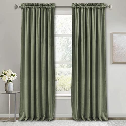 RYB HOME Room Darkening Velvet Curtains 2 Panels Set, Luxury Window Treatment Privacy Thermal Insulated Backdrops for Living Room, 52 inch x 84 inches, Sage Green