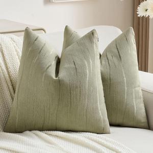 FUTEI Pack of 2 Chenille Decorative Throw Pillow Covers 18x18 Inch,Soft Embossed Striped Textured Cushion Case,Modern Home Decor for Couch Bed Living Room,Olive Green