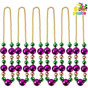 JOYIN 6 Pcs Mardi Gras Jumbo Bead Necklaces, 44'' Gold Green Purple Necklaces Beads for Mardi Gras Parade Decorations Party Favors Supplies, Costume Outfit Accessories