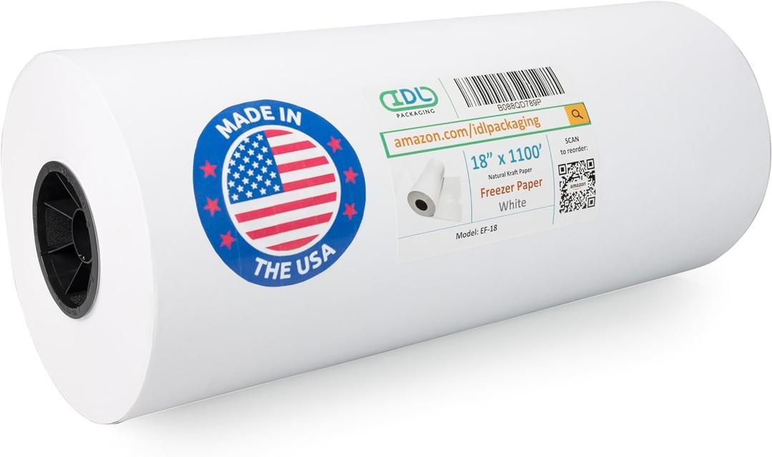 Freezer Paper 18" x 13200" (1100 feet) - USA-made Large White Freezer Paper Roll for Freezing Food - Plastic Coated Freezer Material for Maximum Safe Protection by IDL Packaging