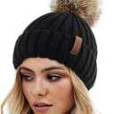 FURTALK Womens Winter Knitted Beanie Hat with Faux Fur Pom Warm Knit Skull Cap Beanie for Women, Black