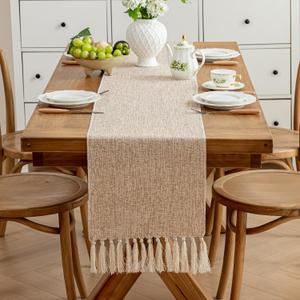 Alsoo Table Runners 108 Inches Long, Rustic Table Runner with Tassels, Boho Farmhouse Linen Texture Table Decor for Holiday Party and Wedding, 13x108 Inches, Beige