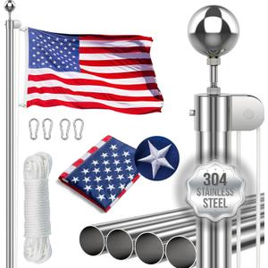 16FT Heavy Duty Flag Pole for High Wind, 304 Stainless Steel Commercial Residential House Flag Pole Kit, In-Ground Installation, Shiny Silver Finish Flagpole for Yard Lawn Outdoor Display