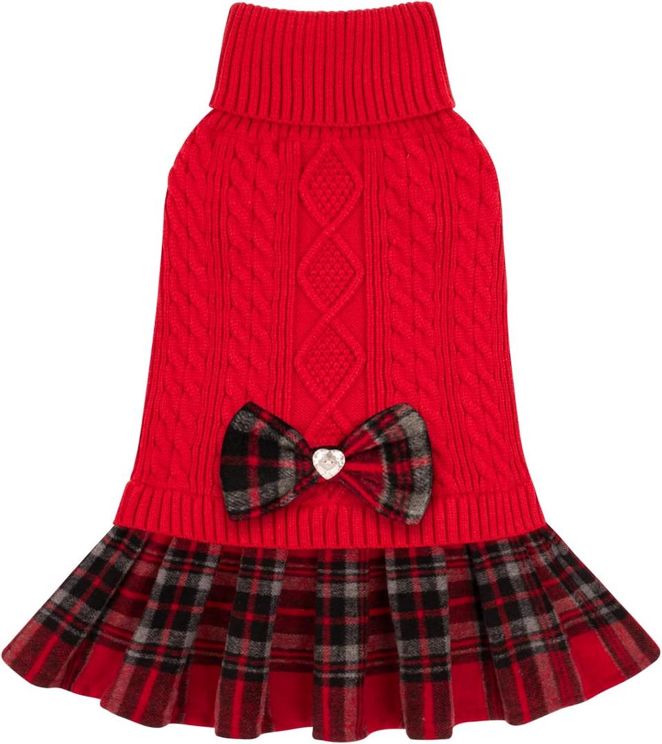 KYEESE Dog Sweater Warm Pullover Pet Coats Thick Dogs Clothes with Bowtie Soft Turtleneck Pet Sweater Dress Stretchy Cat Sweaters Comfy Knitwear Dog Sweaters for Small Dogs Girl, Red, Large