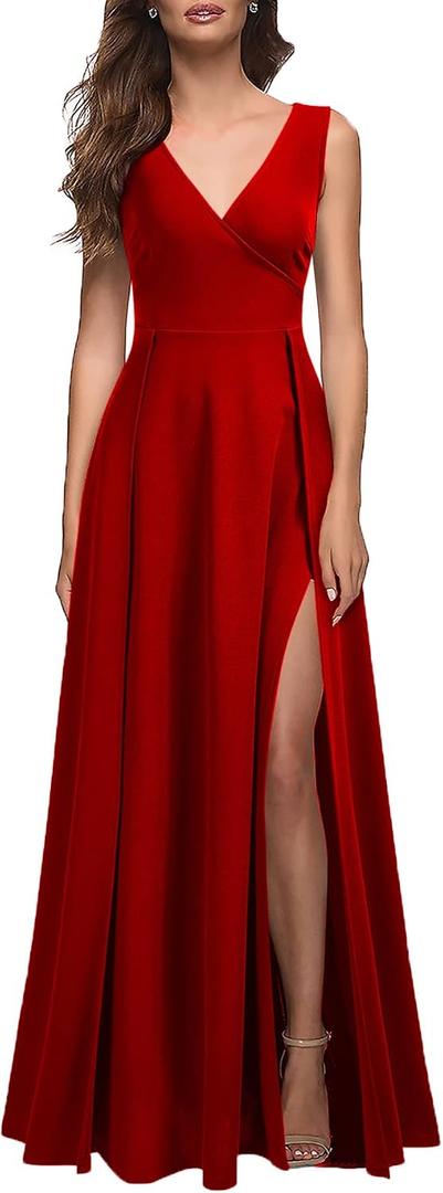 MUSHARE Women's V Neck Sleeveless Split Formal Dress Cocktail Party Prom Long Dresses (Red)