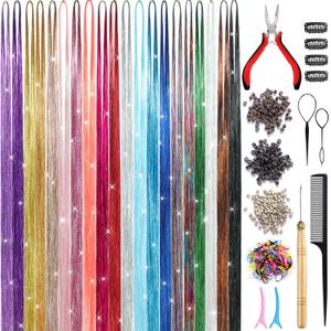 Hair Tinsel Kit (20 Colors, 8800 Strands, 48 Inches) Sparking Tinsel Hair Extensions Kit with Tools, Heat Resistant Highlights Glitter Hair Extensions Fairy Hair Accessories for Girls Women