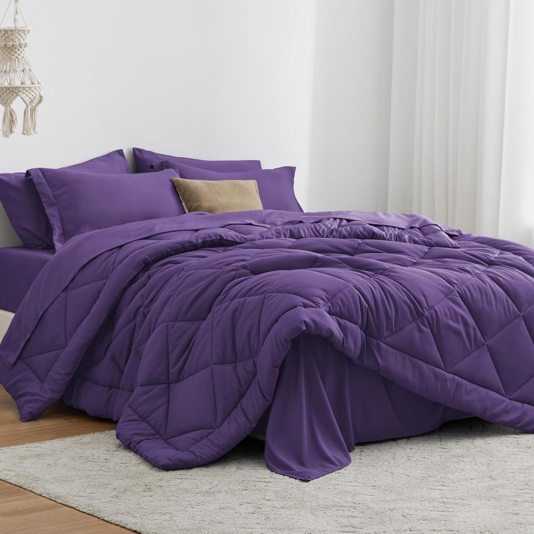 Love's cabin King Size Comforter Set Purple, 7 Pieces King Bed in a Bag, All Season Bedding Sets with 1 Comforter, 1 Flat Sheet, 1 Fitted Sheet, 2 Pillowcase and 2 Pillow Sham | Soft, Breathable, Lightweight, Comfortable