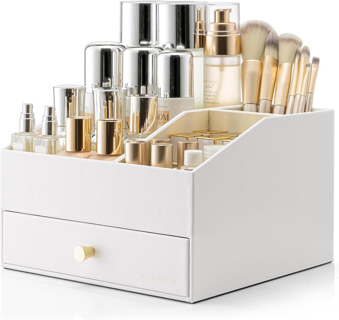 VLANDO Makeup Organzier,Vanity Organizer with Drawers, PU Leather Skincare Organizer Perfume Organizer,Large Cosmetic Display Case for Lipstick,Brushes Gifts for Women-White
