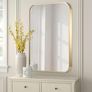 FARMER 20x30 Inch Gold Bathroom Mirrors for Wall, Brushed Brass Bathroom Vanity Mirror with Rounded Edge, Metal Framed Rectangle Mirrors for Bathroom or Living Rooms, Hangs Horizontally or Vertically (30"L x 20"W)